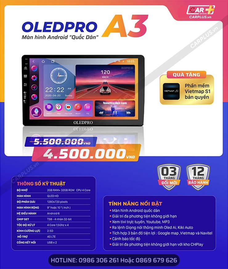 Thông số kỹ thuật màn hình Android OledPro A3 New